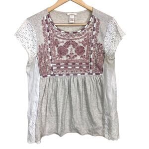 Sundance Embroidered Rope Yoke Eyelet Sleeve T-Shirts Tan Size Small